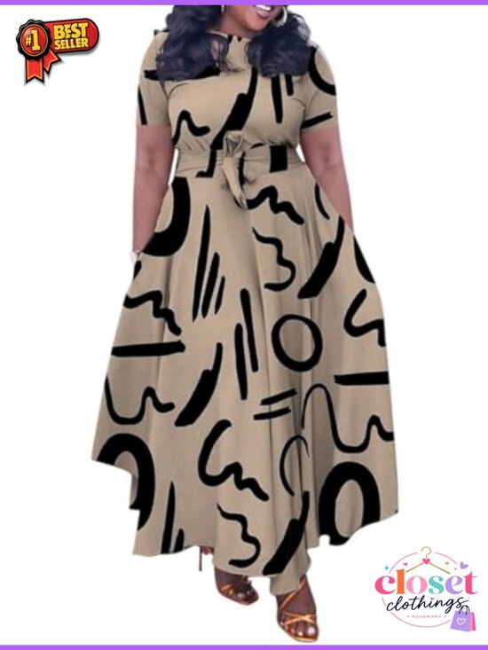 Dresses & Skirts - Plus Size A-Line Maxi Dress with Belt 3/4 Sleeve Casual Summer